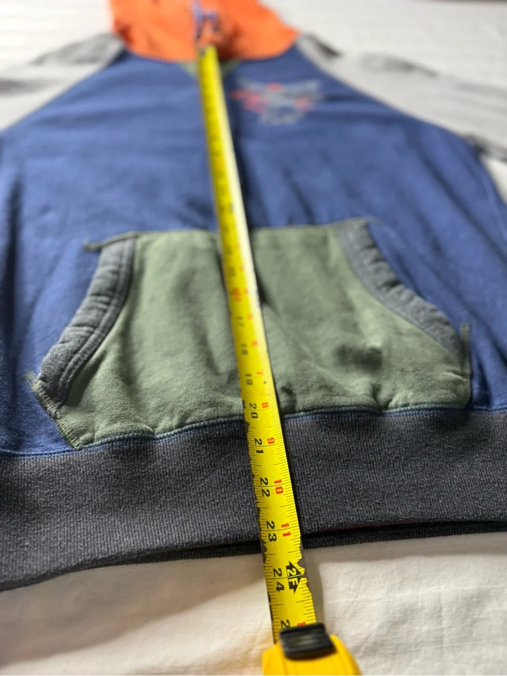 Vintage American Eagle Men's Navy, Gray & Orange Colorblock Hooded Sweatshirt. S